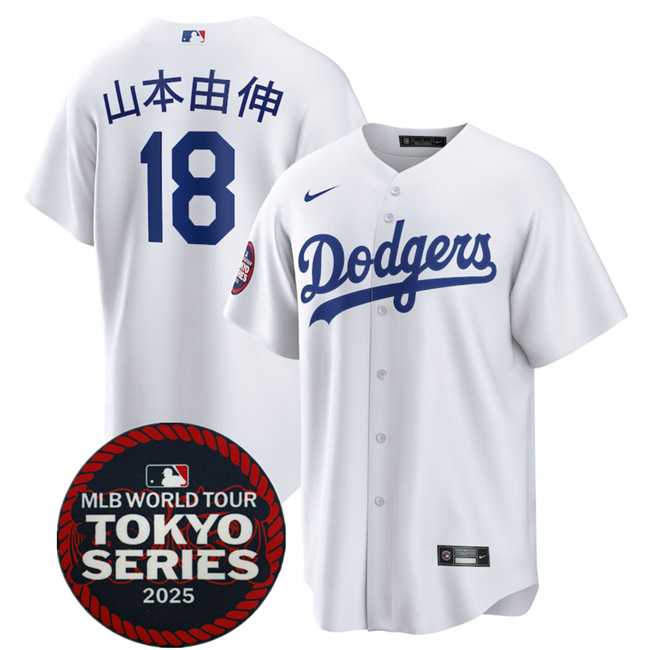 Mens Los Angeles Dodgers #18 Yoshinobu Yamamoto White 2025 World Tour Tokyo Series Home Stitched Jerseys Dzhi